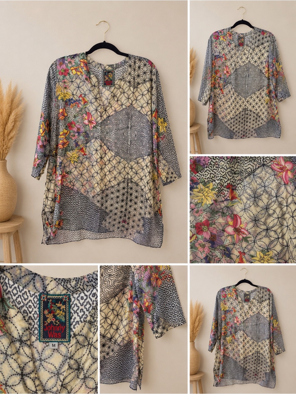 Johnny Was Silk Blend Mixed Print Floral Tunic Blouse Boho Patchwork 100% SILK